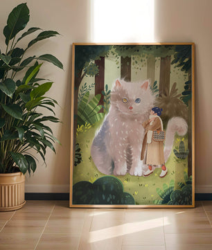 Verzauberter Wald mit einer riesigen Katze und einer Frau