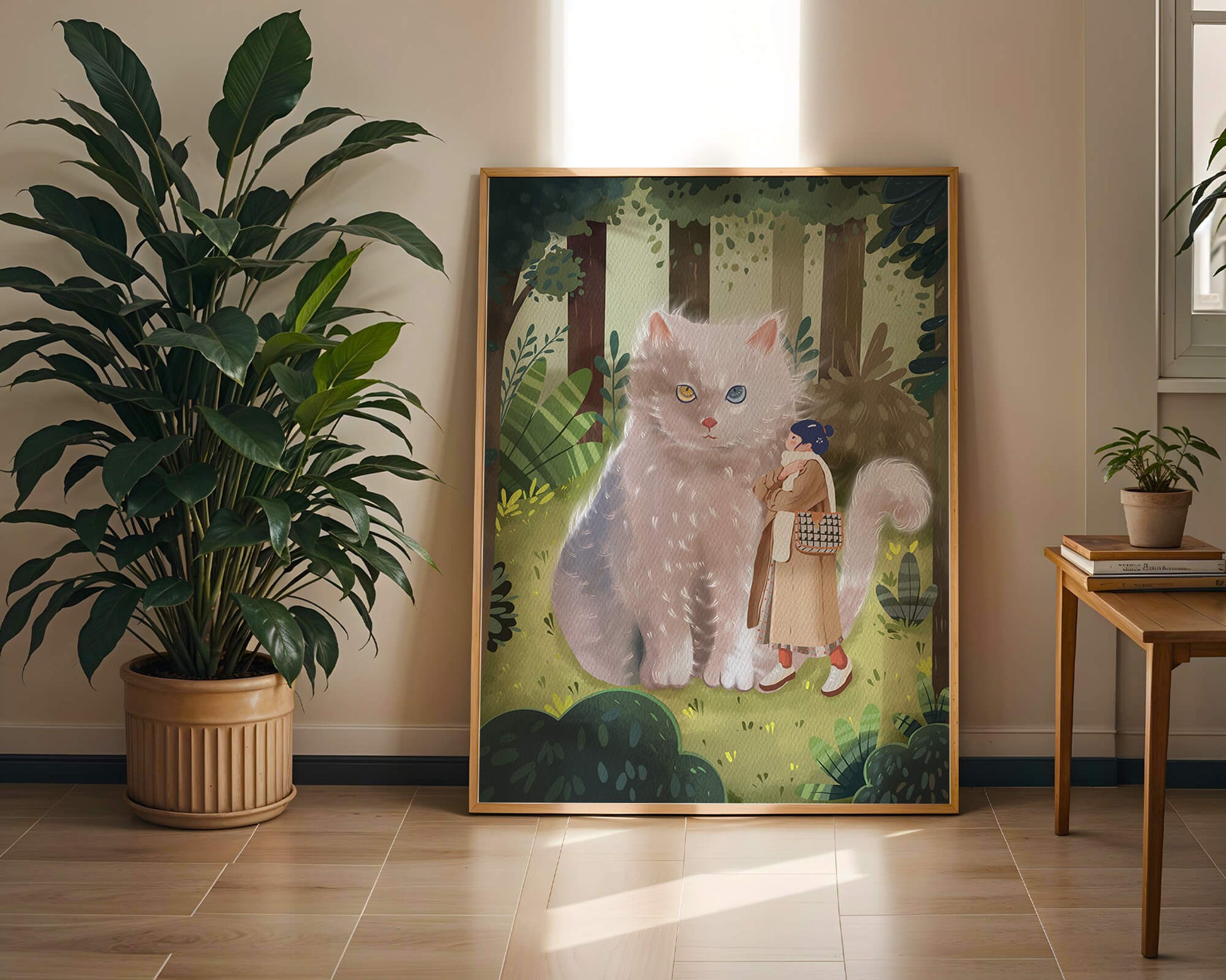 Verzauberter Wald mit einer riesigen Katze und einer Frau