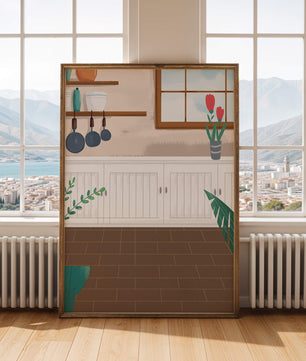 Cozy kitchen interior with wooden accents and potted plants