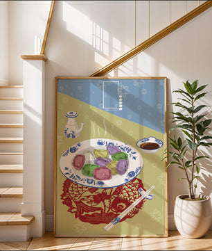 Colorful dumplings and tea set on decorative mat