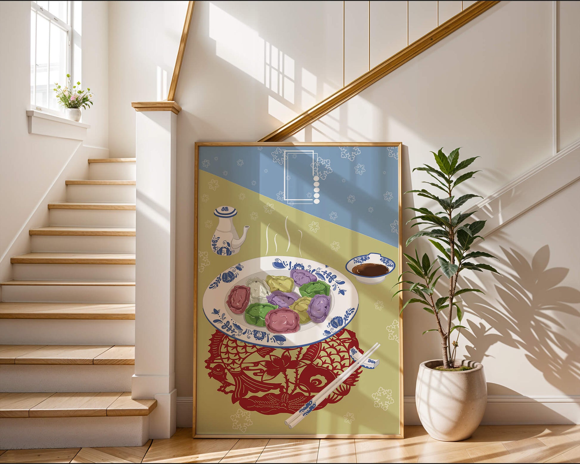 Colorful dumplings and tea set on decorative mat