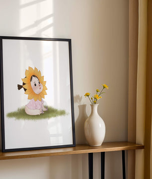 Adorable child with sunflower costume sitting on a grassy patch