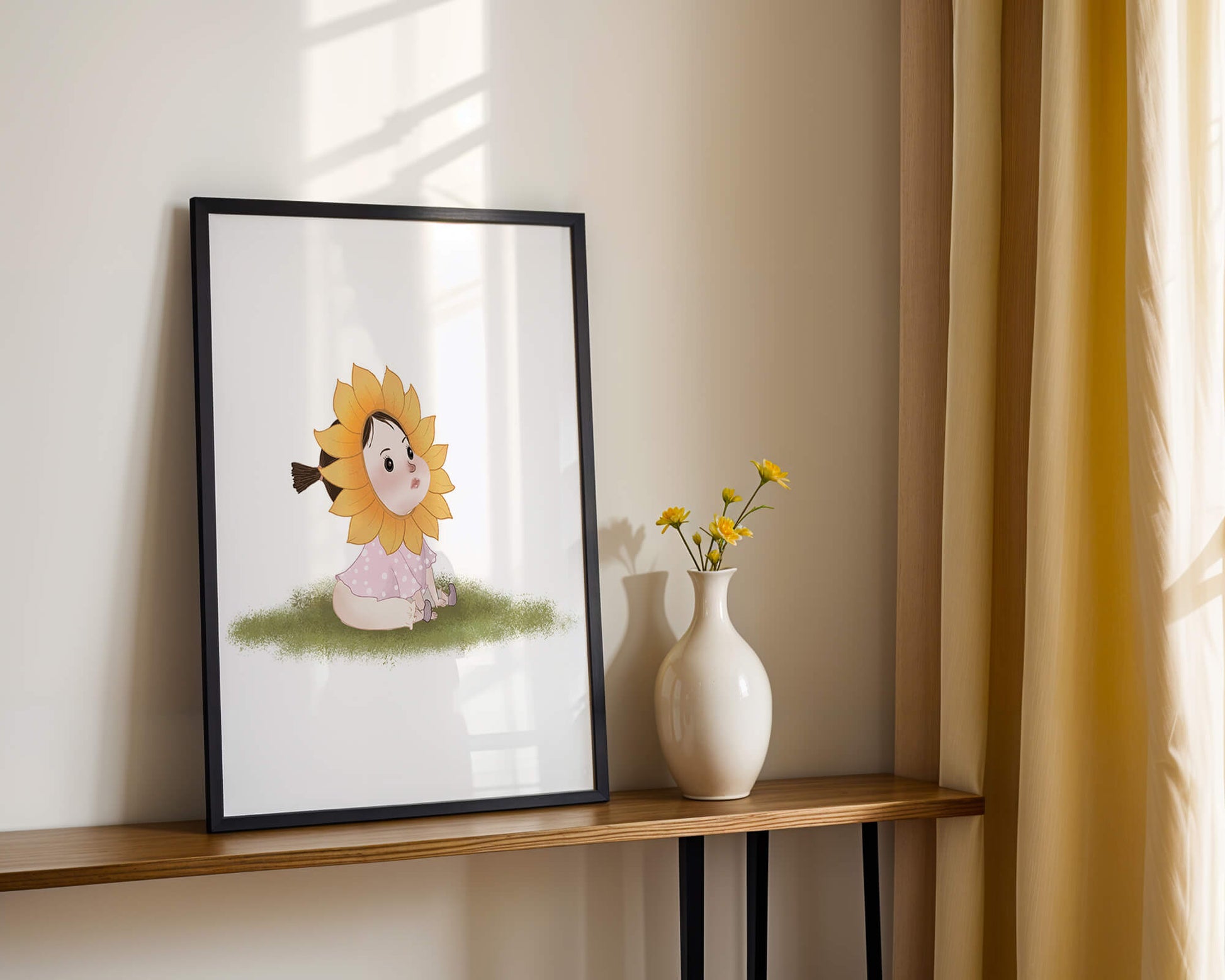 Adorable child with sunflower costume sitting on a grassy patch