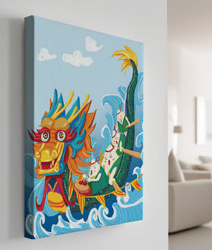 Ilustración vibrante de un dragón en un bote con remeros animados