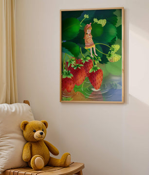 Young girl sitting among large strawberries in a whimsical garden setting