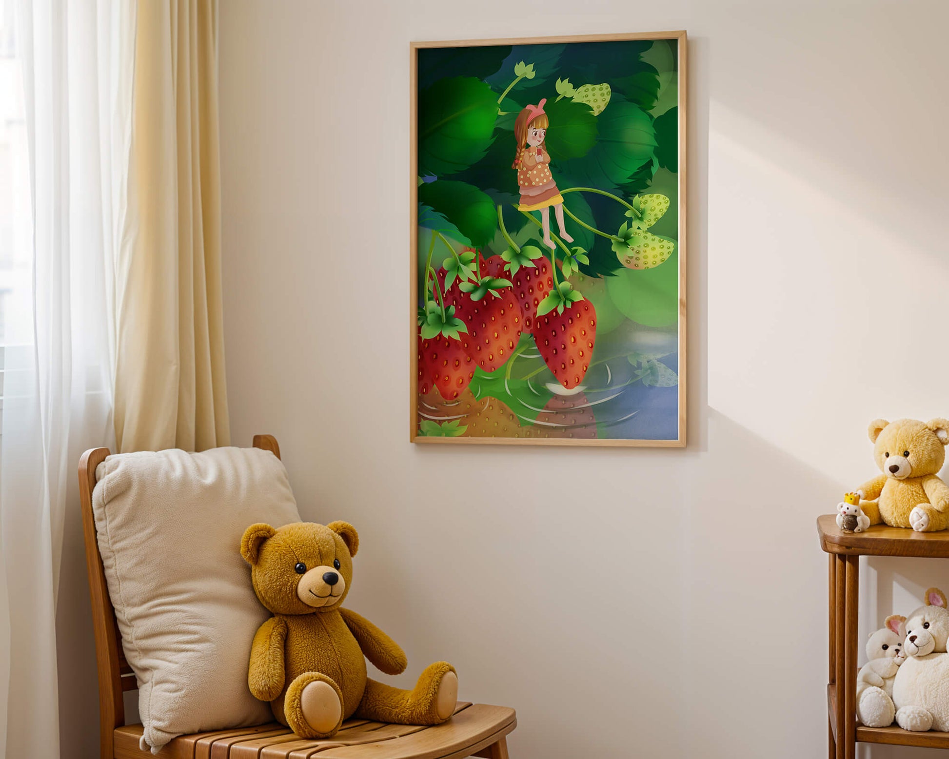 Young girl sitting among large strawberries in a whimsical garden setting