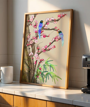 Illustration sereine d’oiseaux sur des branches en fleurs avec des feuilles de bambou