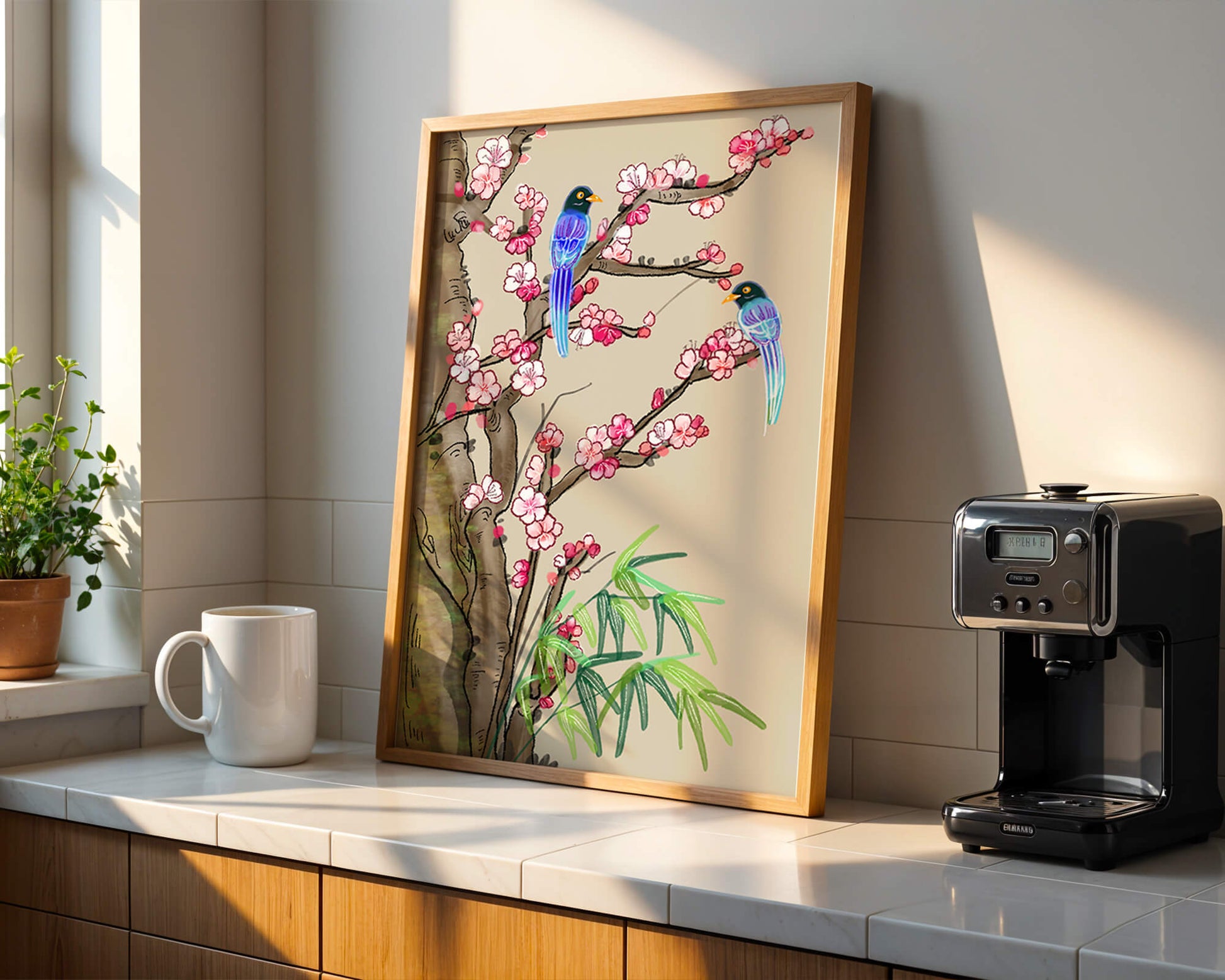 Illustration sereine d’oiseaux sur des branches en fleurs avec des feuilles de bambou