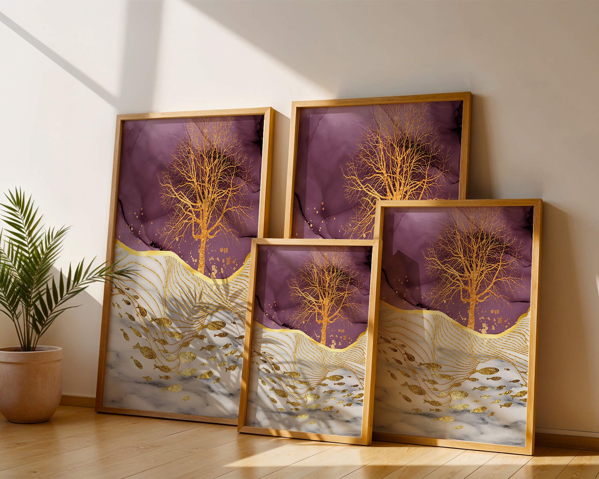 Abstract Tree with Gold Fish on Marble Background