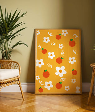 Playful floral and fruity pattern on a vibrant yellow background