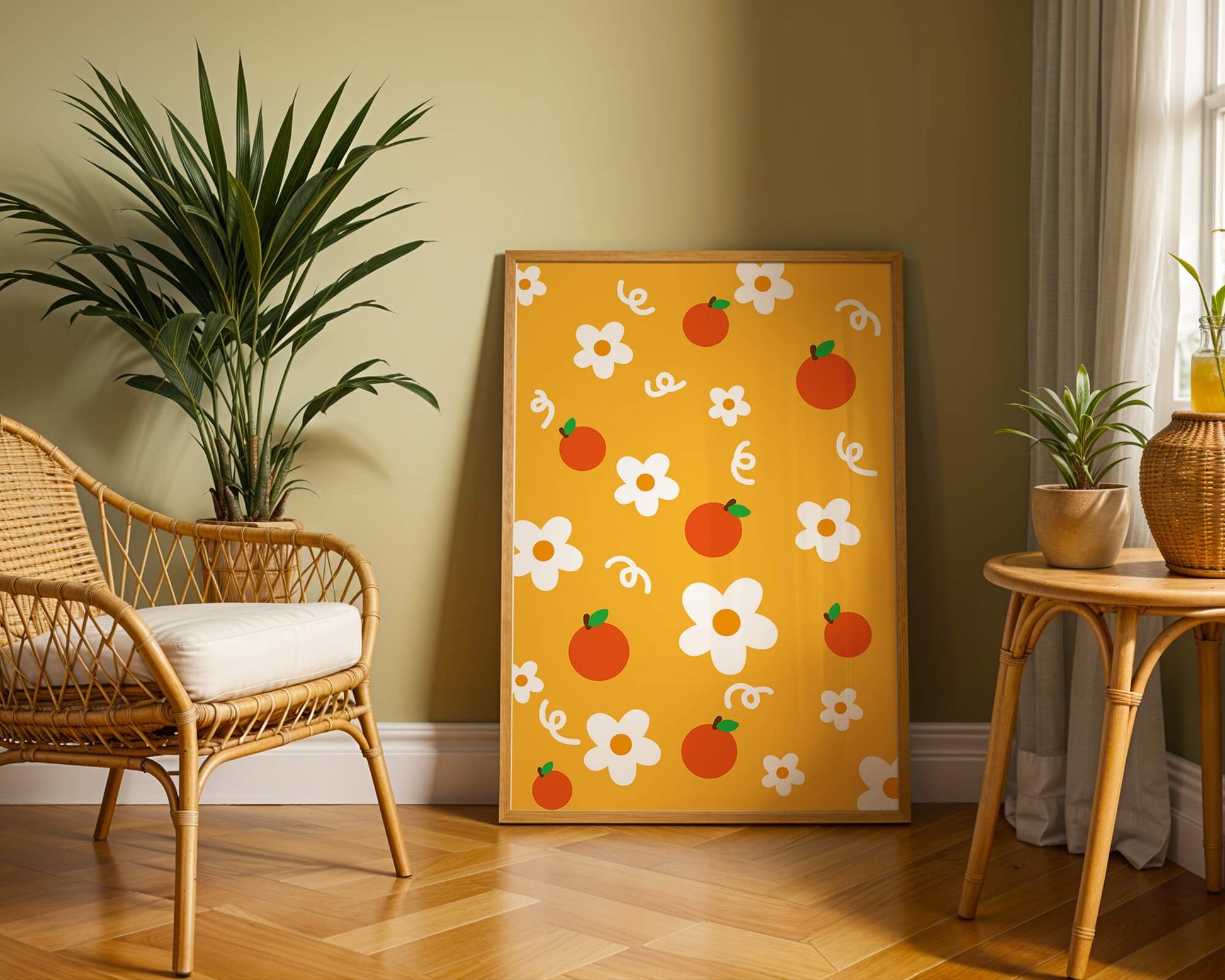 Playful floral and fruity pattern on a vibrant yellow background