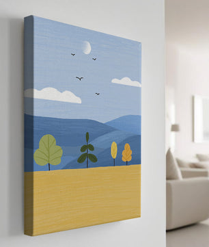 Colorful Landscape with Trees and Birds in a Serene Field
