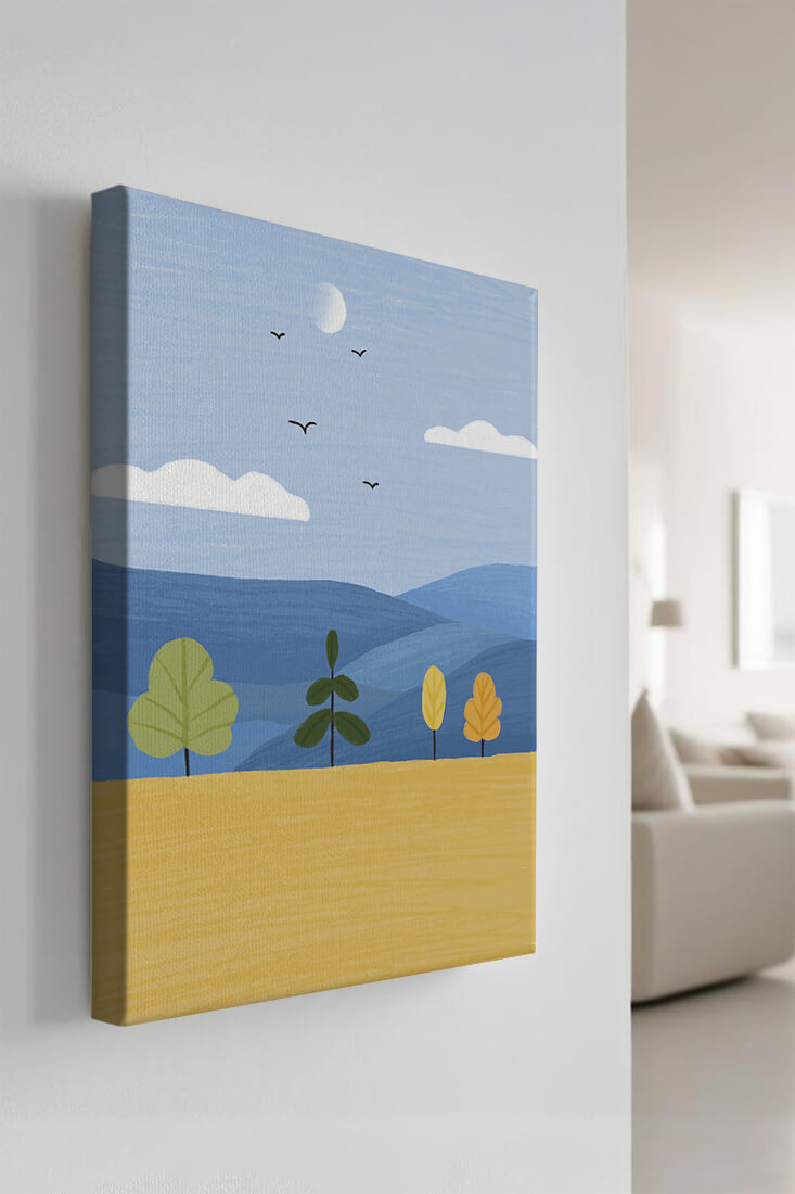 Paisaje colorido con árboles y aves en un campo sereno