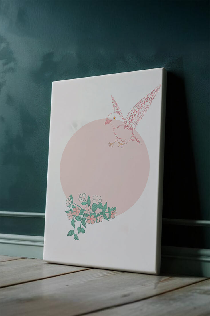 Pájaro pastel con elementos florales en estilo minimalista