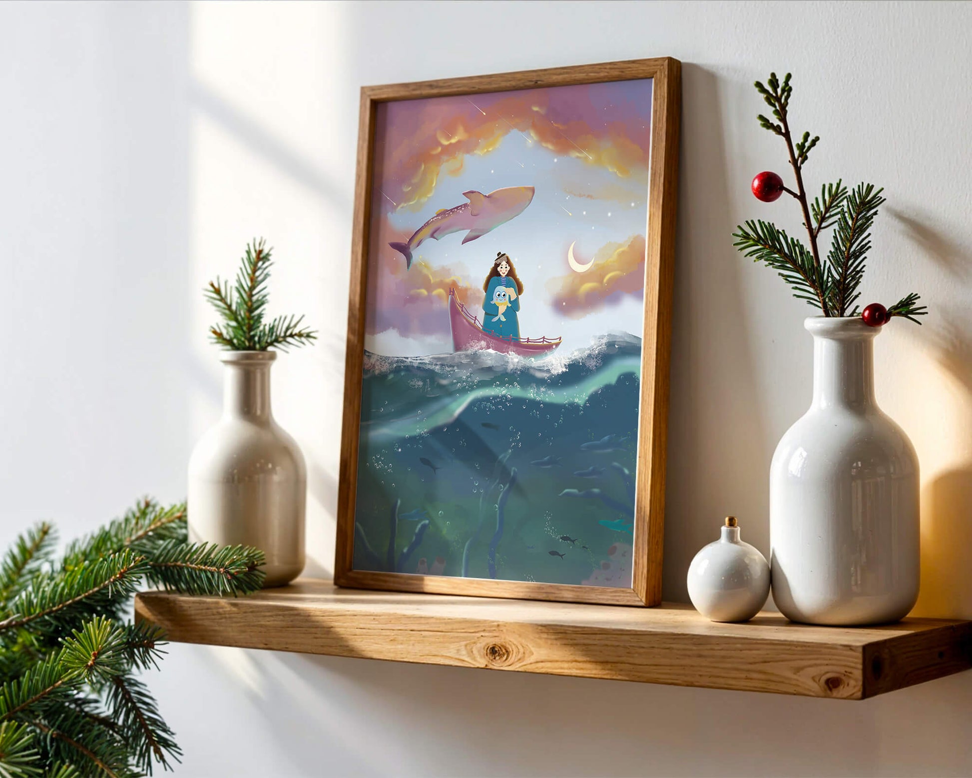 Whimsical illustration of a girl on a boat with a flying whale
