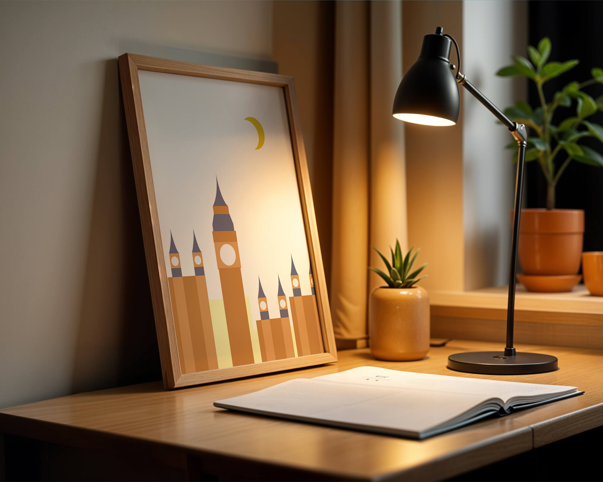 Minimalist illustration of iconic clock tower with crescent moon