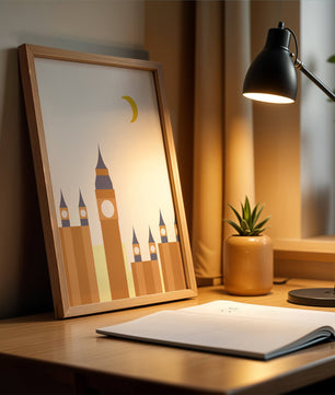 Ilustración minimalista de un icónico reloj con luna creciente