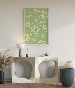 Estampado floral con margaritas sobre fondo verde