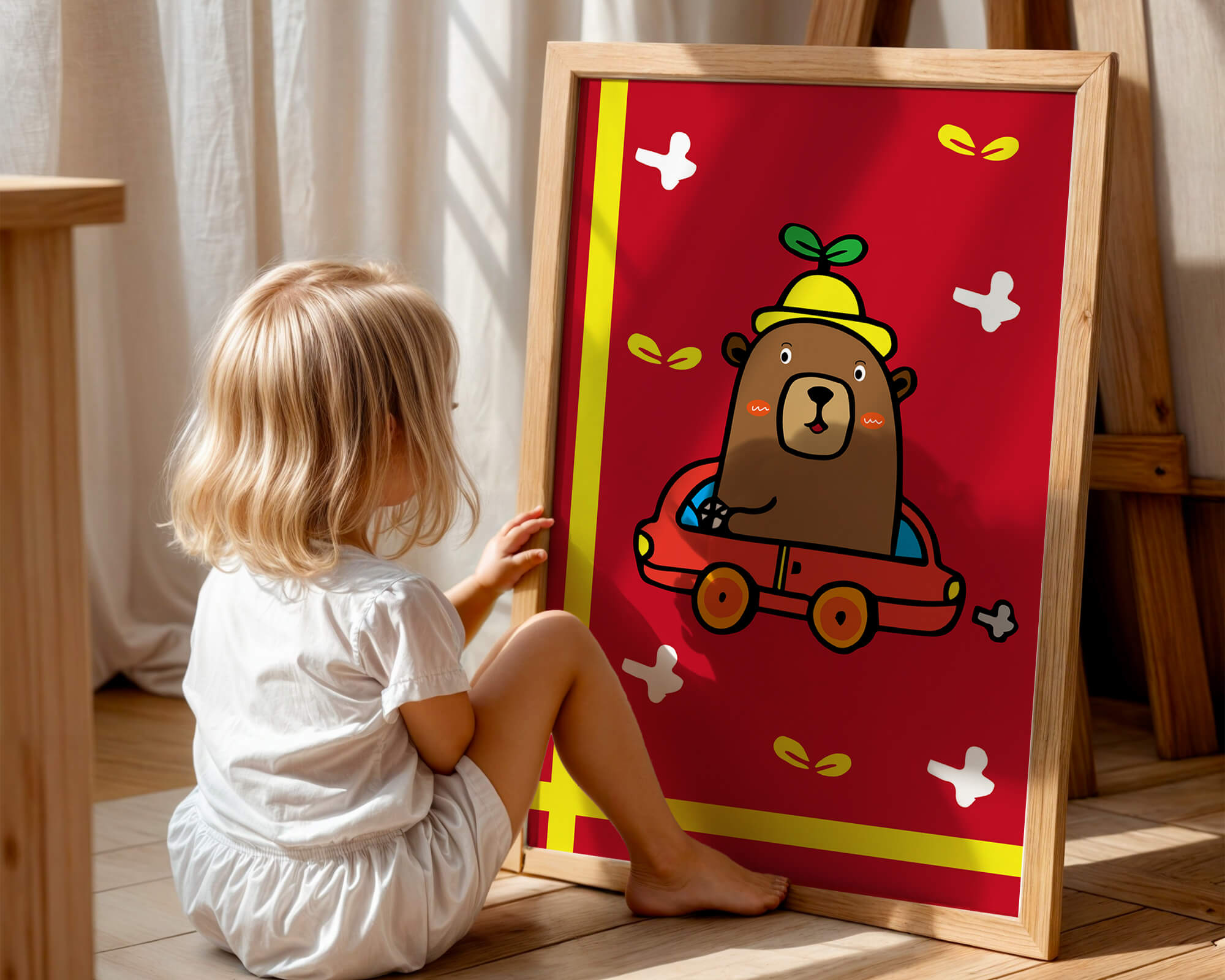 Whimsical bear driving a car on a bright red background