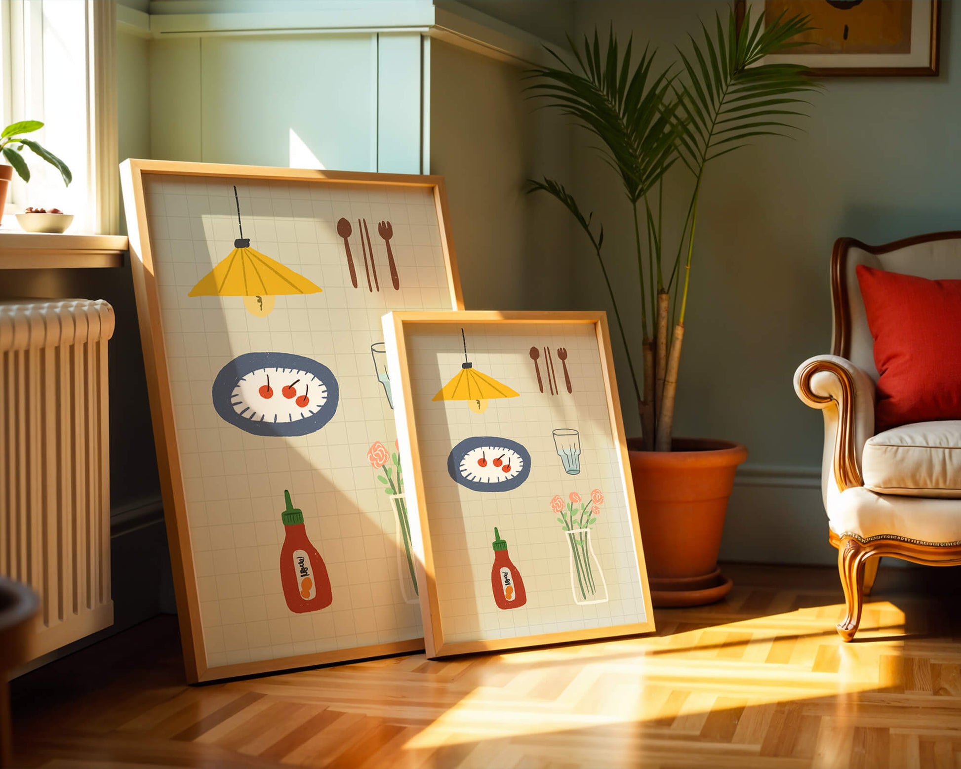 Artículos de cocina ilustrados que incluyen lámpara, utensilios y flores