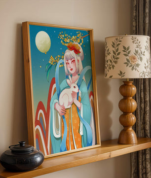 Femme élégante en tenue traditionnelle tenant un lapin blanc sous une pleine lune