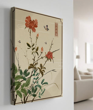 Delicate Floral Art with Red Flowers and Butterflies