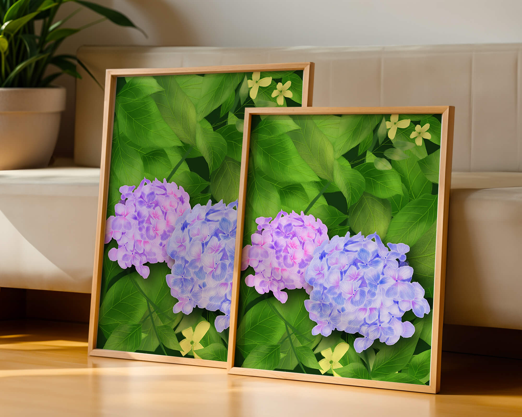 Delicate hydrangeas with lush green leaves in a vibrant botanical scene