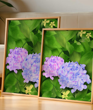 Delicate hydrangeas with lush green leaves in a vibrant botanical scene