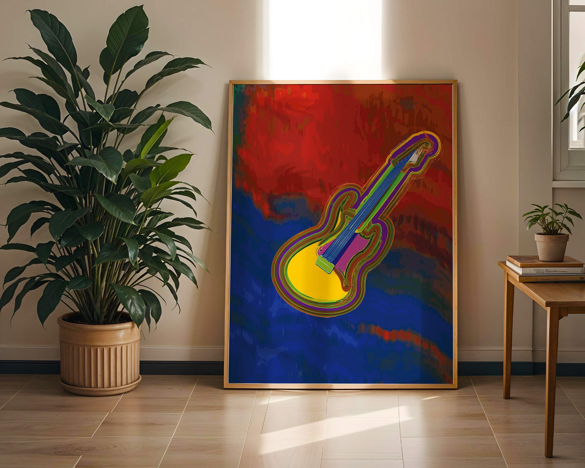 Vibrant abstract guitar illustration with bold colors