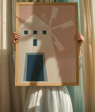 Minimalist geometric house illustration on pastel background