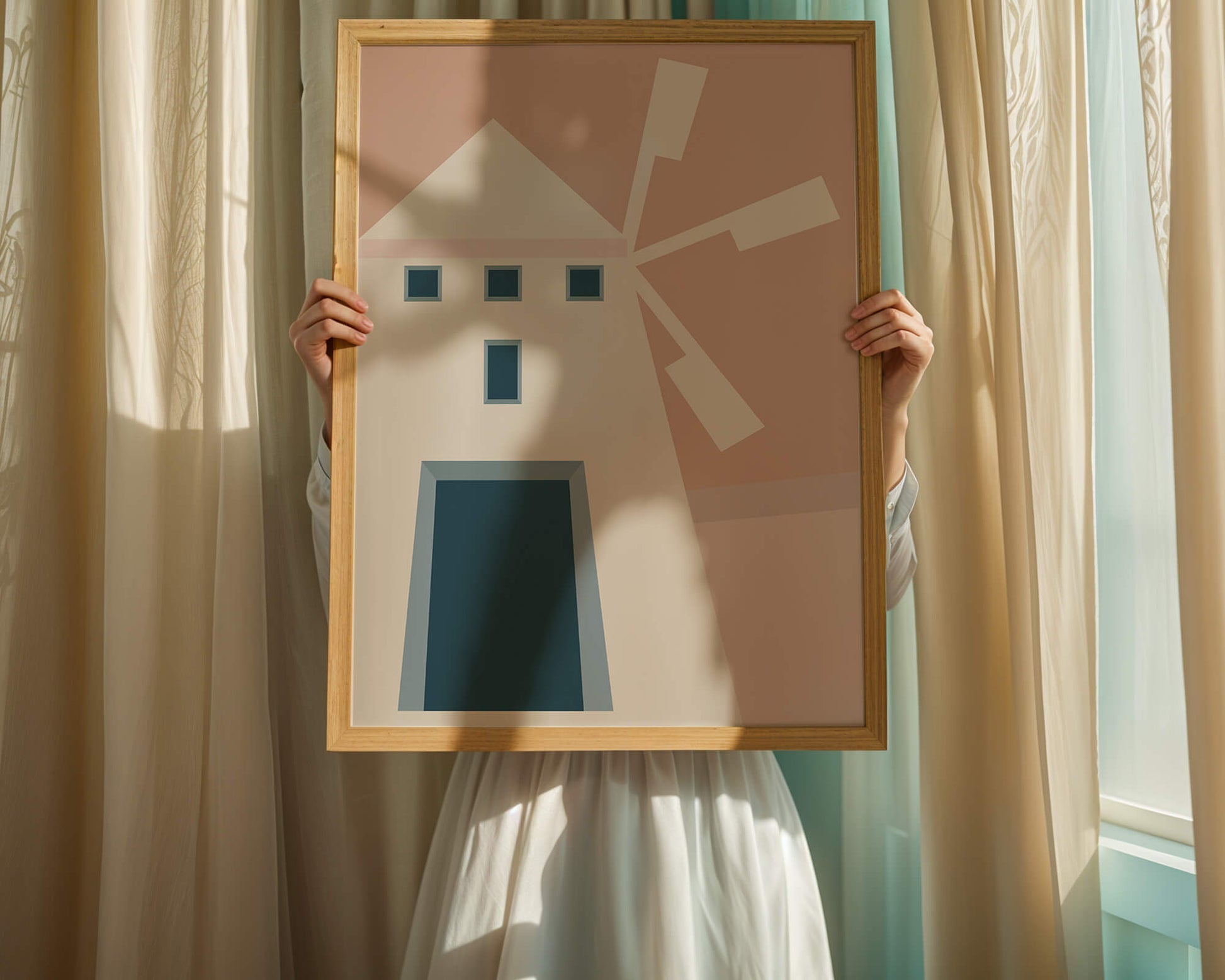 Minimalist geometric house illustration on pastel background