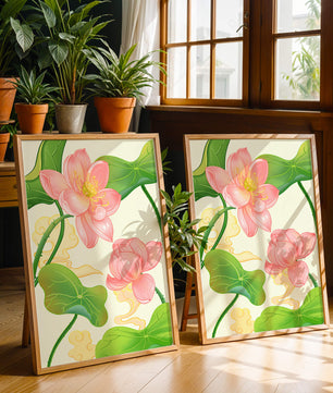 Illustration of pink lotus flowers with green leaves on a pastel background