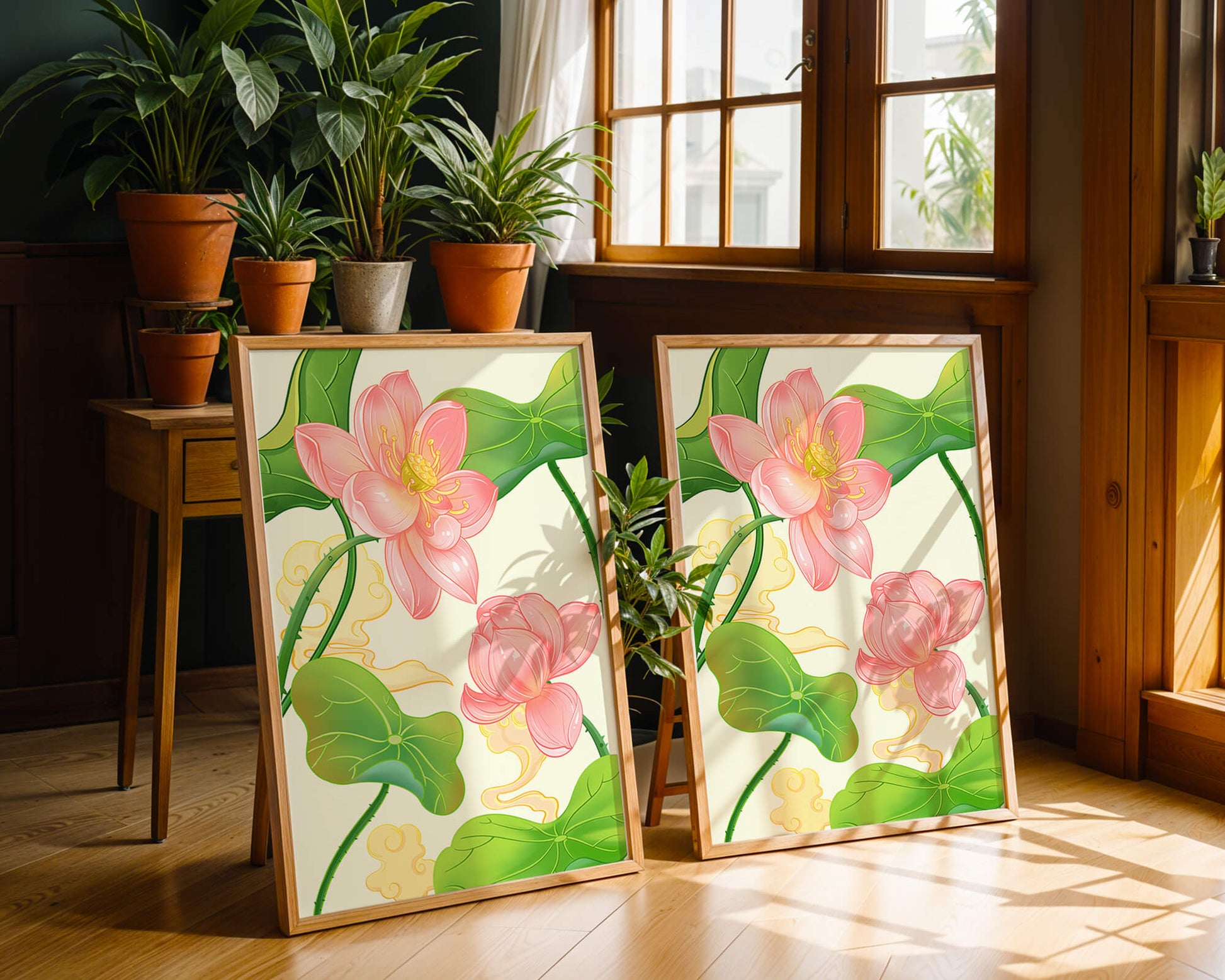 Illustration of pink lotus flowers with green leaves on a pastel background