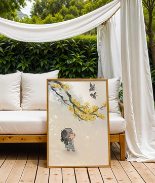Charming illustration of a child gazing at birds and yellow blossoms