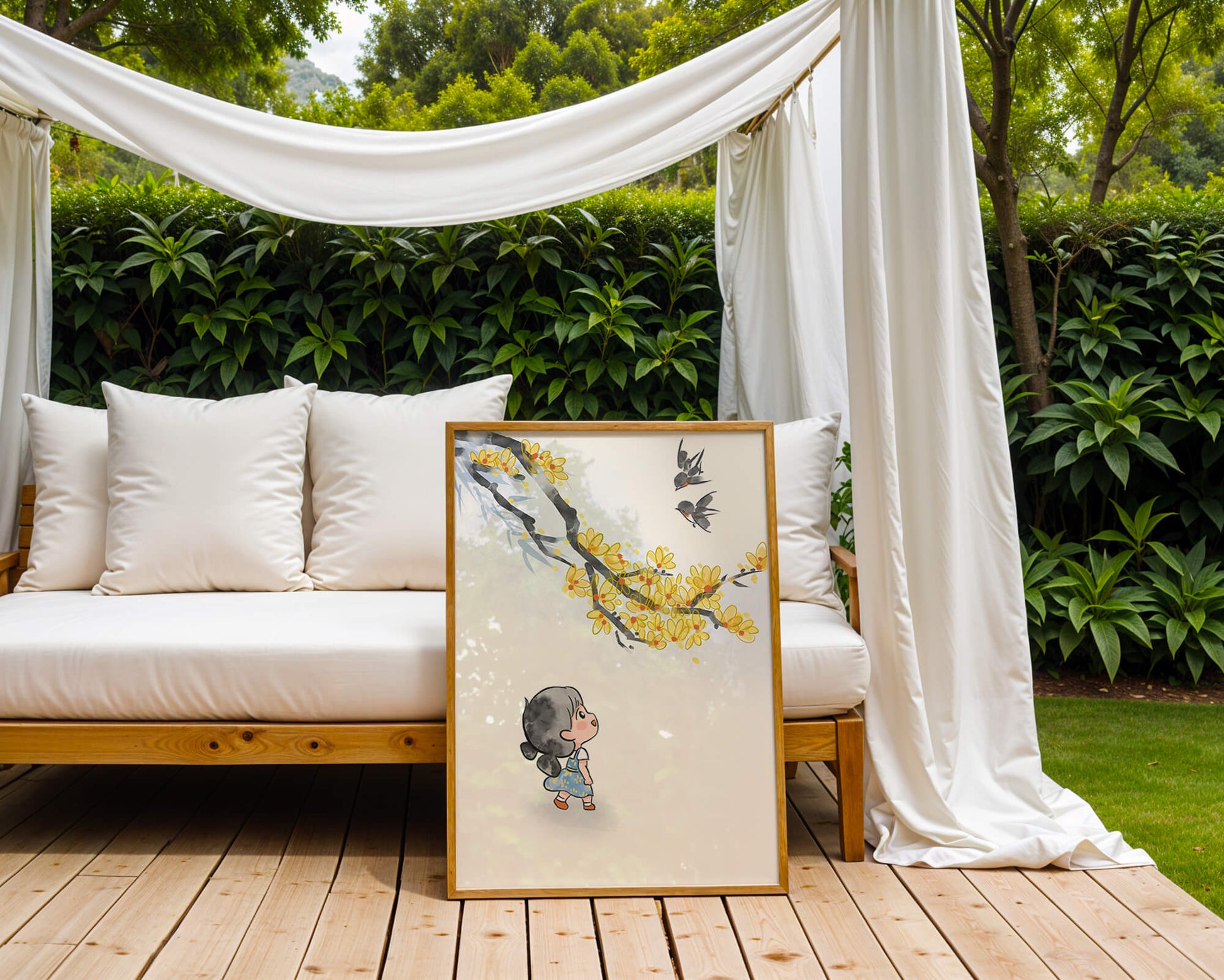 Charming illustration of a child gazing at birds and yellow blossoms