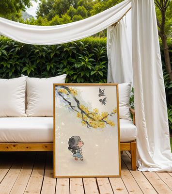 Charming illustration of a child gazing at birds and yellow blossoms