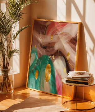 Diseño abstracto de remolinos coloridos con círculos dorados