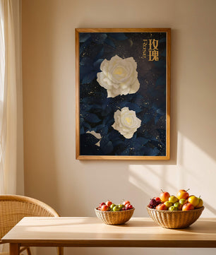 Elegant white roses on a celestial night background with deep blue leaves