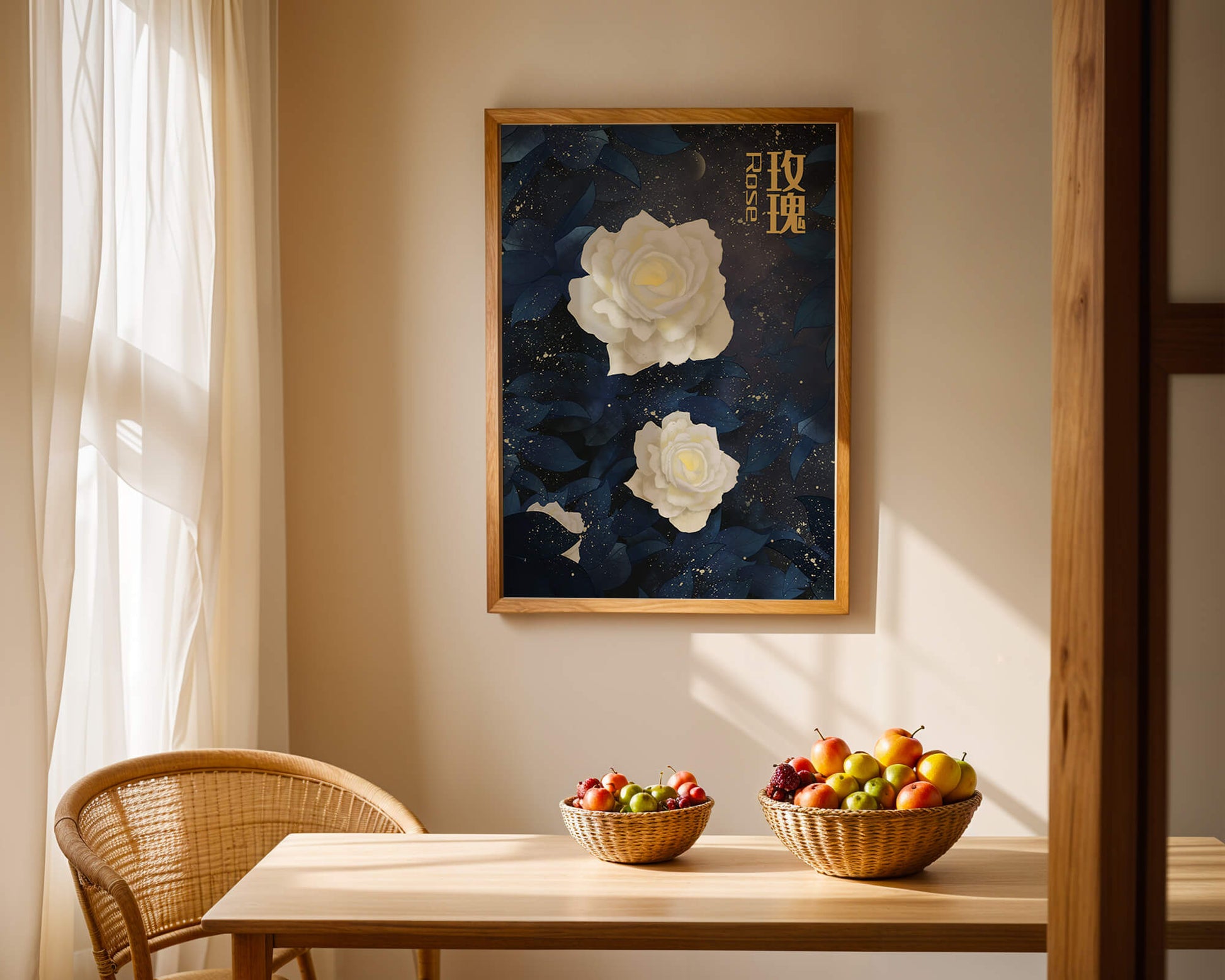 Elegant white roses on a celestial night background with deep blue leaves