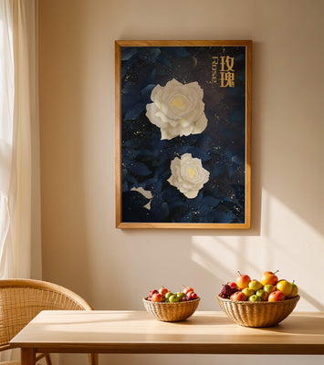 Elegant white roses on a celestial night background with deep blue leaves