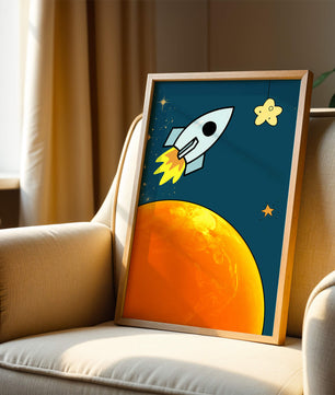 Cartoon Rocket in Space with Yellow Star - Mi tienda
