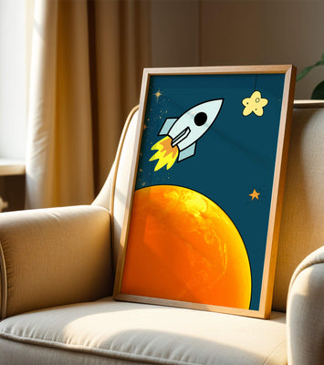Cartoon Rocket in Space with Yellow Star