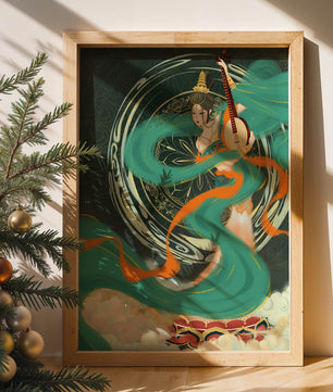 Elegant depiction of traditional musical culture with vibrant flowing ribbons and intricate patterns