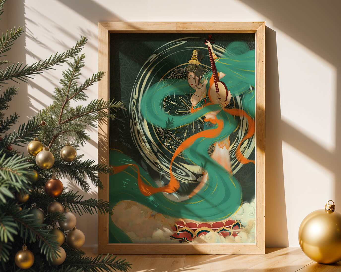 Elegant depiction of traditional musical culture with vibrant flowing ribbons and intricate patterns