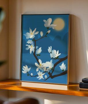 White magnolia branch under moonlight with blue background