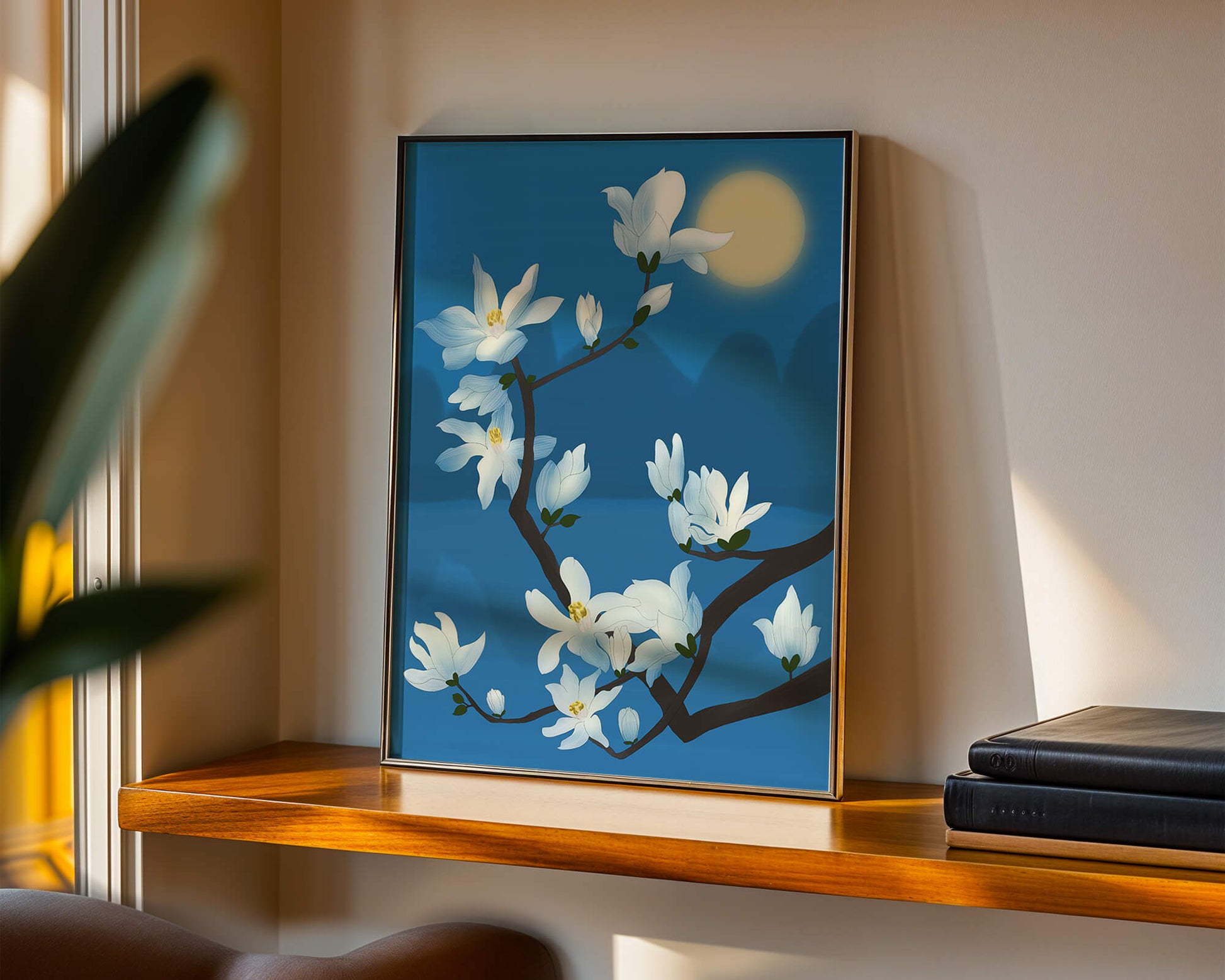White magnolia branch under moonlight with blue background