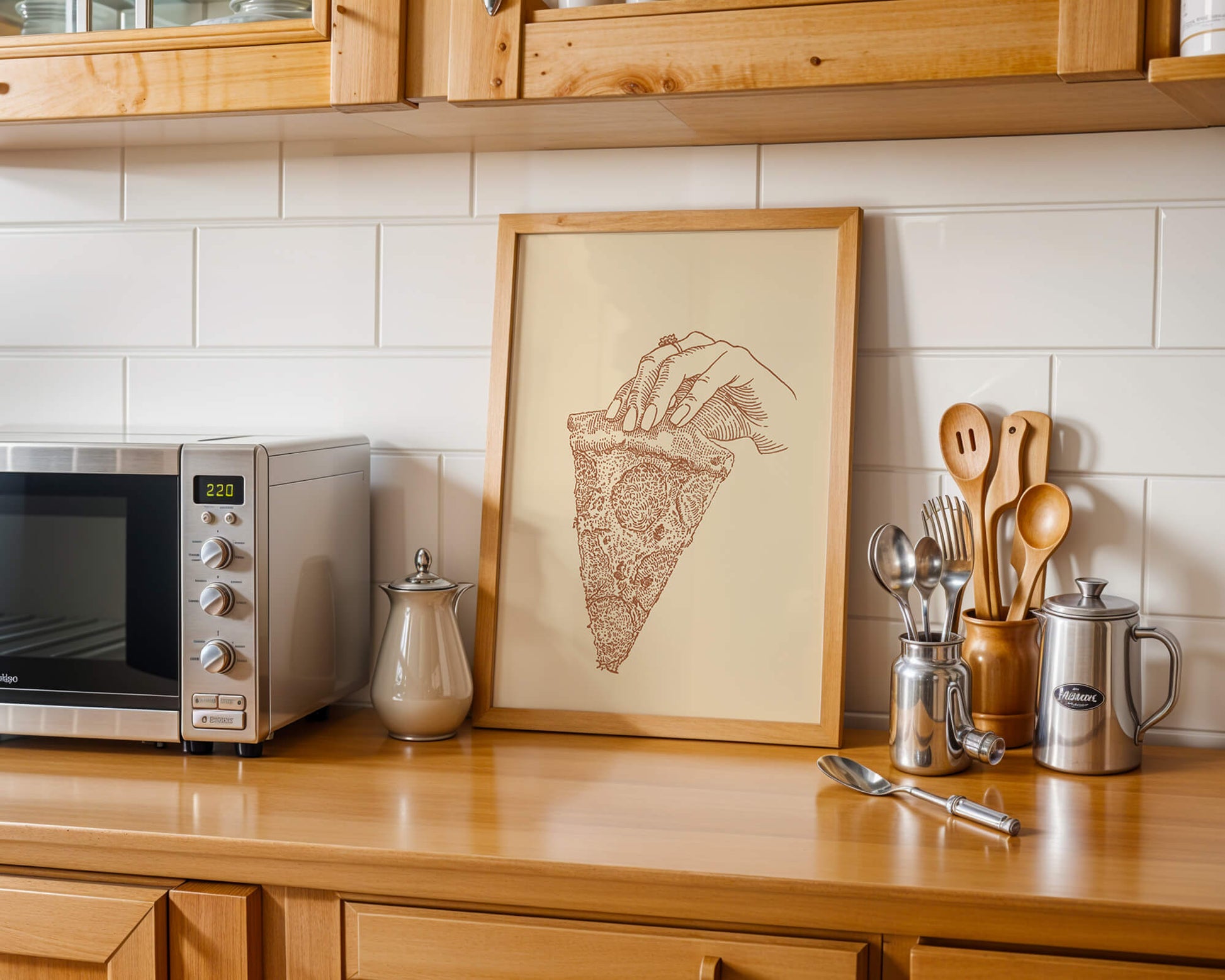 Hand holding a detailed vintage pizza slice illustration
