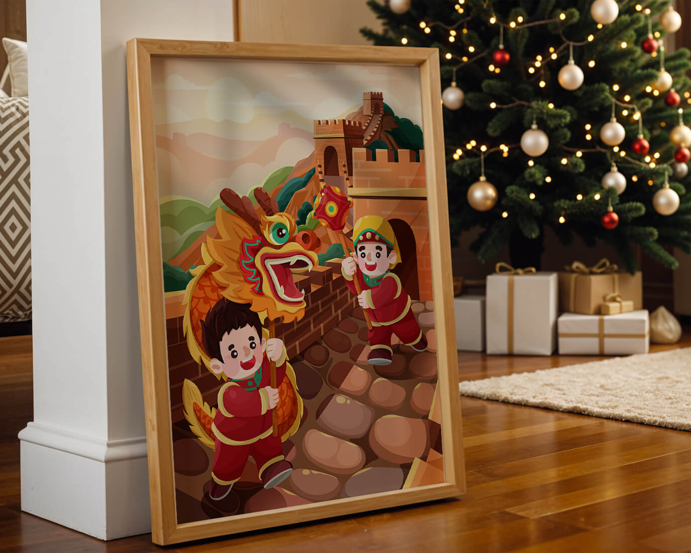 Children celebrating with dragon dance at the Great Wall