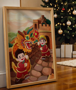 Children celebrating with dragon dance at the Great Wall