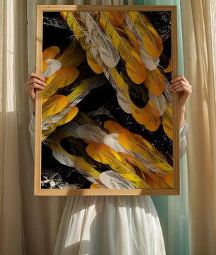 Abstract Composition with Yellow and White Feathers on a Black Background - Mi tienda
